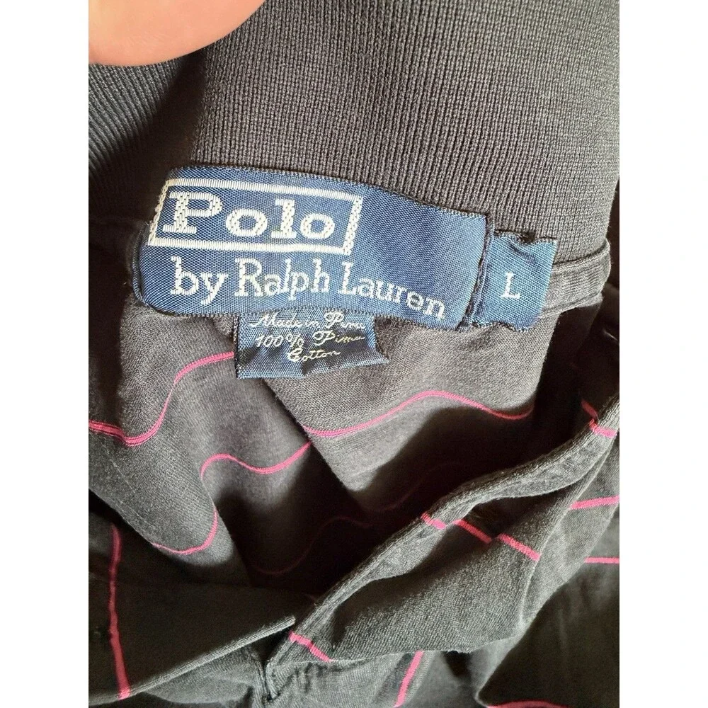 Vintage Men’s Polo Ralph Lauren Pink Strip Navy Polo Shirt Size L 90s